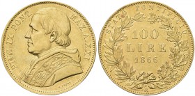 ROMA. Pio IX (Giovanni Maria Mastai Ferretti), 1846-1878. 100 Lire 1866 a. XXI. Au Dr. Busto a s. con zucchetto, mozzetta e stola. Rv. Valore e data e...