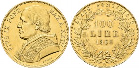 ROMA. Pio IX (Giovanni Maria Mastai Ferretti), 1846-1878. 100 Lire 1868 a. XXIII. Au Simile a precedente. Pag. 520; Gig. 258; Fried. 278.
Rarissima. ...