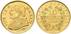 ROMA. Pio IX (Giovanni Maria Mastai Ferretti), 1846-1878. 10 Lire 1869 a. XXIV. Au Dr. Busto a d. con zucchetto mozzetta e stola. Rv. Valore e data tr...