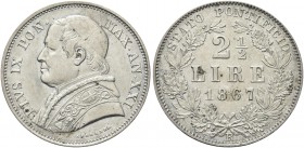ROMA. Pio IX (Giovanni Maria Mastai Ferretti), 1846-1878. 2 Lire e mezzo 1867 a. XXI. Ag Dr. Busto a s., con zucchetto mozzetta e stola. Rv. Valore e ...