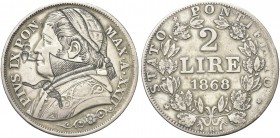 ROMA. Pio IX (Giovanni Maria Mastai Ferretti), 1846-1878. 2 Lire 1868 a. XXII (rappresentazione satirica di Pio IX). Ag Dr. Busto a s., con zucchetto,...