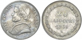 ROMA. Pio IX (Giovanni Maria Mastai Ferretti), 1846-1878. 20 Baiocchi 1850 a. V. Ag Dr. Busto a s., con zucchetto, mozzetta e stola. Rv. Valore e data...