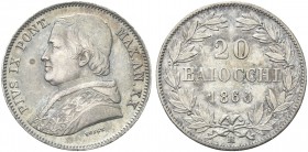 ROMA. Pio IX (Giovanni Maria Mastai Ferretti), 1846-1878. 20 Baiocchi 1865 a. XX. Ag Dr. Busto a s., con zucchetto, mozzetta e stola. Rv. Valore e dat...