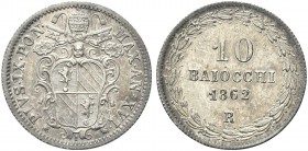 ROMA. Pio IX (Giovanni Maria Mastai Ferretti), 1846-1878. 10 Baiocchi 1862 a. XVI. Ag Dr. Stemma sormontato da triregno e chiavi decussate. Rv. Valore...