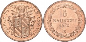 ROMA. Pio IX (Giovanni Maria Mastai Ferretti), 1846-1878. 5 Baiocchi 1853 a. VIII. Æ Dr. Stemma sormontato da triregno e chiavi decussate. Rv. Valore ...