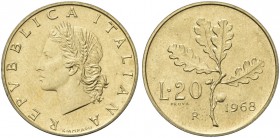 ROMA. 20 Lire 1968 Prova. Ba Dr. Testa muliebre coronata di spighe a s. Rv. Ramo di quercia tra valore e data. P. 12.
Rara. FDC