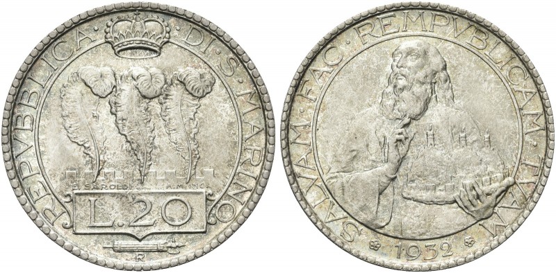 SAN MARINO. Vecchia monetazione, 1864-1938. 20 Lire 1932. Ag Dr. Tre penne coron...