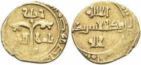 SICILIA. Ruggero II Conte, 1105-1130. Tarì. Au gr. 1,24 Dr. T fiorito, piede dell’asta accantonato da due globetti; sopra, globetto. Rv. Legenda cufic...