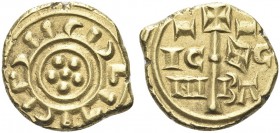 SICILIA. Federico II di Svevia, Imperatore e Re di Sicilia, 1197-1250. Multiplo di Tarì. Au gr. 1,68 Dr. Cinque globetti disposti in cerchio attorno a...
