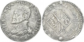 SICILIA. Filippo II di Spagna, Re di Napoli e di Sicilia 1554-1598. Mezzo Scudo 1587, zecca di Messina. Ag gr. 13,03 Dr. PHILIPPVS D G REX SI 1587. Bu...