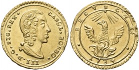 SICILIA. Carlo di Borbone, 1734-1759. Oncia 1734. Au gr. 4,42 Dr. CAROL BORBO III D G SIC REX. Busto drappeggiato a d. Rv. RESVRGIT. La fenice con ali...