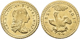 SICILIA. Carlo di Borbone, 1734-1759. Oncia 1744 senza sigle, zecca di Palermo (caratteri grandi al rv). Au gr. 4,40 Dr. CAR D G SIC ET HIE REX HIS IN...