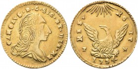SICILIA. Carlo di Borbone, 1734-1759. Oncia 1754. Au gr. 4,37 Dr. CAR D G SIC ET HIE REX. Busto drappeggiato a d. Rv. RESV - RG - IT. La fenice con al...