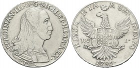 SICILIA. Ferdinando IV (I) di Borbone, 1759-1816. 12 Tarì 1799. Ag gr. 26,86 Dr. FERDINAN D G - SICIL ET HIER REX. Busto corazzato a d.; sotto, indica...