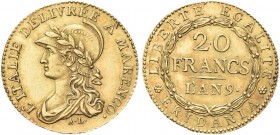 TORINO. Repubblica Subalpina, 1800-1802. 20 Franchi an. 9 A’ MARENCO (1800-1801). Au Dr. L'ITALIE DELIVRÉE A' MARENCO. Mezzobusto galeato e laureato d...