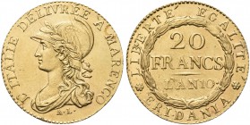 TORINO. Repubblica Subalpina, 1800-1802. 20 Franchi an. 10 ‘A MARENCO (1801-1802). Au Dr. L'ITALIE DELIVRÉE A' MARENCO. Mezzobusto galeato e laureato ...