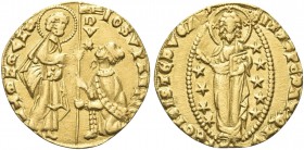VENEZIA. Giovanni Soranzo Doge LI, 1312-1328. Ducato. Au gr. 3,52 Dr. IO SVRANTIO - S M VENETI. San Marco stante verso s., porge il vessillo al Doge g...