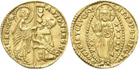 VENEZIA. Antonio Venier Doge LXII, 1382-1400. Ducato. Au gr. 3,53 Dr. ANTO VENERIO - S M VENETI. San Marco stante verso s., porge il vessillo al Doge ...