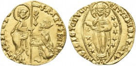 VENEZIA. Francesco Foscari Doge LXV, 1423-1457. Ducato. Au gr. 3,56 Dr. FRACFOSCARI - S M VENETI. San Marco stante verso s., porge il vessillo al Doge...