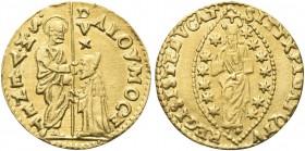 VENEZIA. Alvise I Mocenigo Doge LXXXV, 1570-1577. Zecchino. Au gr. 3,45 Dr. ALOY MOCEN - S M VENET. San Marco stante verso s., porge il vessillo al Do...