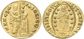 VENEZIA. Pasquale Cicogna Doge LXXXVIII, 1585-1595. Zecchino. Au gr. 3,48 Dr. PASC CICON - S M VENET. San Marco stante verso s., porge il vessillo al ...