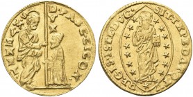 VENEZIA. Pasquale Cicogna Doge LXXXVIII, 1585-1595. Zecchino. Au gr. 3,50 Dr. PASC CICON - S M VENET. San Marco stante verso s., porge il vessillo al ...