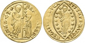 VENEZIA. Bertucci Valier Doge CII, 1656-1658. Zecchino. Au gr. 3,48 Dr. BERT VALER - S M VENET. San Marco stante verso s., porge il vessillo al Doge g...