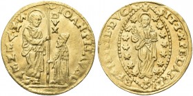 VENEZIA. Giovanni Pesaro Doge CIII, 1658-1659. Zecchino. Au gr. 3,50 Dr. IOAN PISAVRO - S M VENET. San Marco stante verso s., porge il vessillo al Dog...
