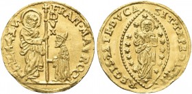 VENEZIA. Francesco Morosini Doge CVIII, 1688-1694. Zecchino. Au gr. 3,49 Dr. FRAN MAVROC - S M VENET. San Marco stante verso s., porge il vessillo al ...