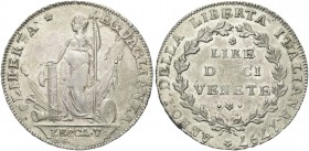 VENEZIA. Municipalità provvisoria, 1797-1798. Dieci Lire Venete 1797. Ag gr. 28,47 Dr. LIBERTA’ EGUAGLIANZA. La Libertà che regge con la s. picca sorm...