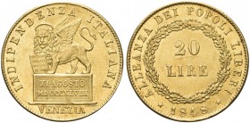VENEZIA. Governo Provvisorio di Venezia, 1848-1849. 20 Lire 1848. Au Dr. Leone nimbato e alato verso s., poggia la zampa su Libro aperto; sulla base, ...