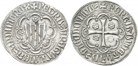VILLA DI CHIESA. Pietro IV d’Aragona, 1336-1387. Alfonsino. Ag gr. 3,11 Dr. PETRVS ARAGONVM ET SARDINIE REX. Stemma a cuore in cornice. Rv. FORTITVDO ...