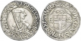 SAVOIA ANTICHI. Carlo I, il Guerriero, 1482-1490. Testone, I tipo, zecca di Cornavin. Ag gr. 9,57 Dr. KAROLVS D SABAVDIE MAR I ITV GG. Busto corazzato...