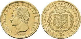 REGNO DI SARDEGNA. Carlo Felice, 1821-1831. 80 Lire 1828 Genova. Au Come precedente. Pag. 31; Gig. 8.
SPL