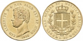 REGNO DI SARDEGNA. Carlo Alberto, 1831-1849. 20 Lire 1832 Genova (FERT). Au Come precedente. Pag. 175A; Gig. 19.
Raro. Buon BB/SPL