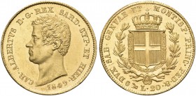 REGNO DI SARDEGNA. Carlo Alberto, 1831-1849. 20 Lire 1849 Genova. Au Come precedente. Pag. 208; Gig. 44.
FDC
