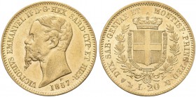 REGNO DI SARDEGNA. Vittorio Emanuele II, 1849-1861. 20 Lire 1857 Genova. Au Come precedente. Pag. 350; Gig. 13.
Non Comune. SPL