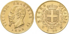 REGNO D’ITALIA. Vittorio Emanuele II, 1861-1878. 20 Lire 1868 Torino. Au Come precedente. Pag. 462; Gig. 12.
q. SPL