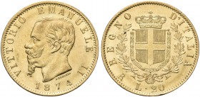 REGNO D’ITALIA. Vittorio Emanuele II, 1861-1878. 20 Lire 1874 Roma. Au Come precedente. Pag. 471; Gig. 21.
Raro. q. FDC
