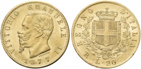 REGNO D’ITALIA. Vittorio Emanuele II, 1861-1878. 20 Lire 1877 Roma, primo 7 ribattuto. Au Come precedente. Pag. 474; Gig. 24.
Raro. q. FDC