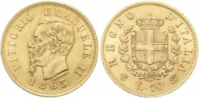 REGNO D’ITALIA. Vittorio Emanuele II, 1861-1878. 10 Lire 1863 Torino. Au mm 19,0 Come precedente. Pag. 477a; Gig. 27a.
q. FDC