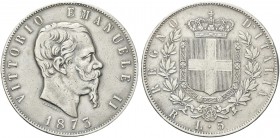REGNO D’ITALIA. Vittorio Emanuele II, 1861-1878. 5 Lire 1873 Roma. Ag Come precedente. Pag. 497; Gig. 47.
Rarissimo. Colpetti al bordo. BB