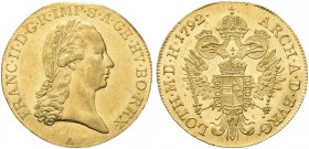 AUSTRIA. Francesco II d'Asburgo Imperatore del Sacro Romano Impero 1792-1806. Ducato 1792 A, zecca di Vienna. Au gr. 3,50 Dr. Testa laureata a d. Rv. ...