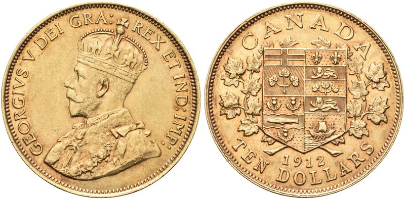 CANADA. Giorgio V, 1910-1936. 10 Dollari 1912. Au gr. 16,66 Dr. Busto coronato a...