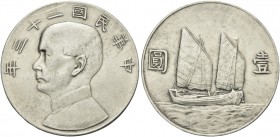CINA. Repubblica, 1912-1949. Dollaro 1932, Shànghai. Ag gr. 26,66 Dr. Busto di Sūn Yìxiān (Sun Yat-sen) a s. Rv. Nave verso d. KM (Y) 344.
SPL