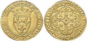 FRANCIA. Carlo VI di Valois, 1380-1422. Scudo d’oro, zecca di Rouen. Au gr. 3,89 Dr. (croce) KAROLVS DEI GRACIA FRANCORVM REX. Scudo di Francia corona...