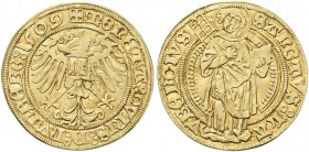 GERMANIA. Maximilian I, 1493-1519. Norimberga. Goldgulden 1509. Au gr. 3,23 Dr. Aquila ad ali spiegate con una "N" sul petto. Rv. San Lorenzo stante v...