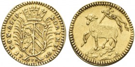 GERMANIA. Leopold I, 1658-1705. Norimberga. 1/4 di Ducato 1700. Au gr. 0,88 Dr. Stemma coronato sormontato da corona turrita. Rv. Agnello con bandiera...