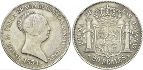 SPAGNA. Isabella II di Spagna, 1833-1868. 20 Reales 1854. Ag gr. 25,29 Dr. Testa nuda a d. Rv. Stemma coronato tra due colonne. KM#592.2.
BB