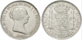 SPAGNA. Isabella II di Spagna, 1833-1868. 20 Reales 1854. Ag gr. 25,79 Dr. Testa nuda a d. Rv. Stemma coronato tra due colonne. KM#592.2.
BB